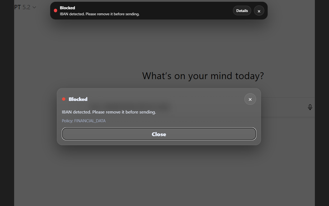 AI prompt data protection – Trust-Prompt BLOCK overlay screenshot preventing high-risk submission