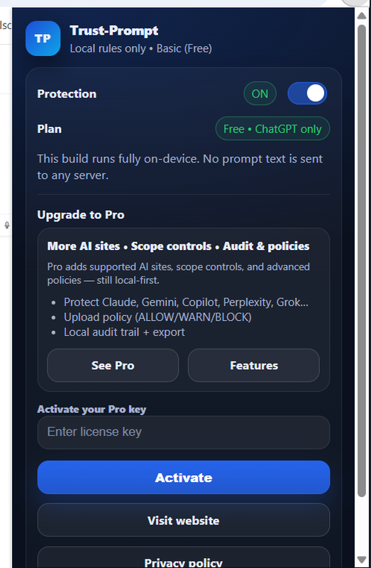 AI prompt data protection panel screenshot showing Trust-Prompt browser extension status and controls