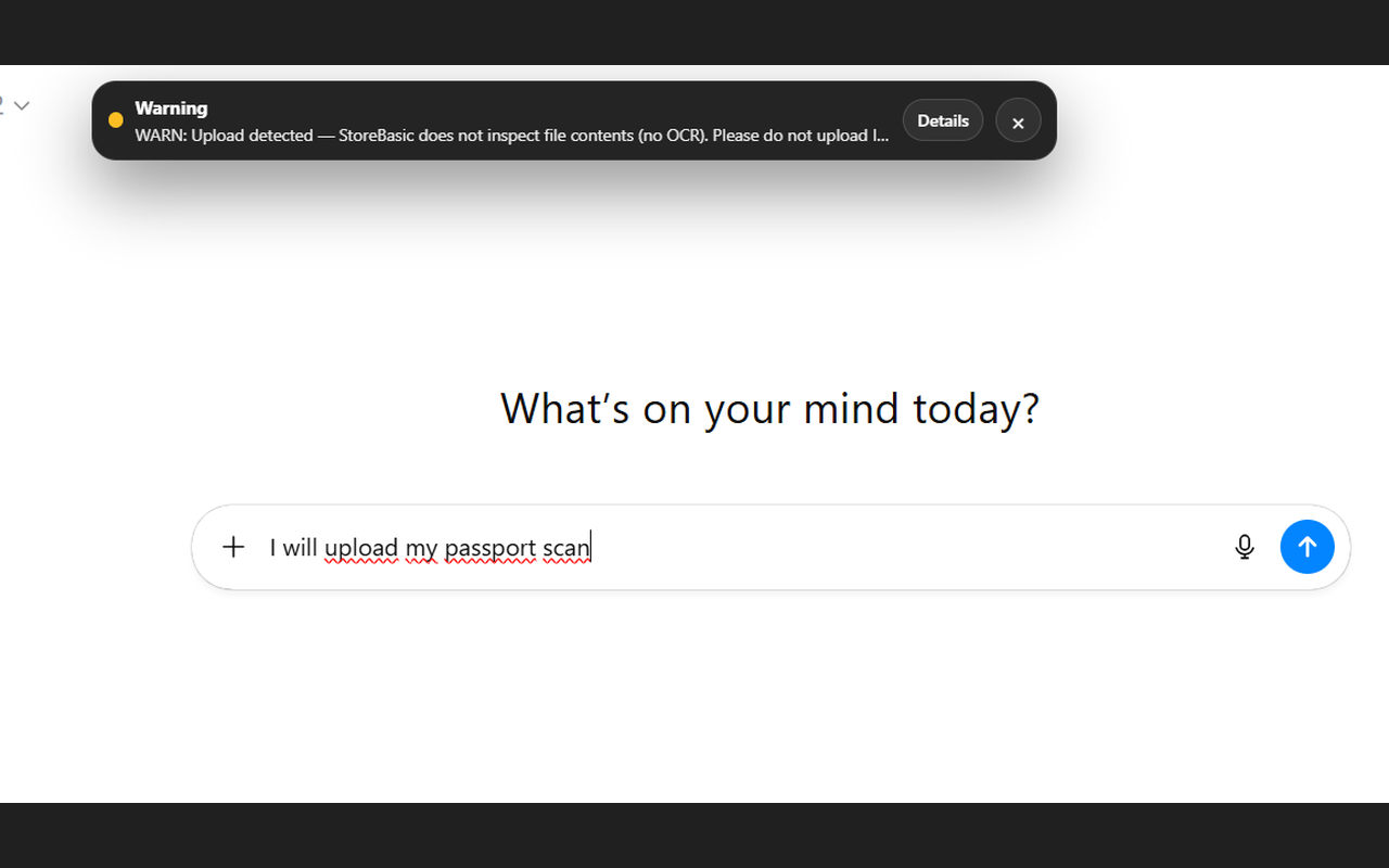 AI prompt data protection – upload warning screenshot (no file inspection, no OCR)