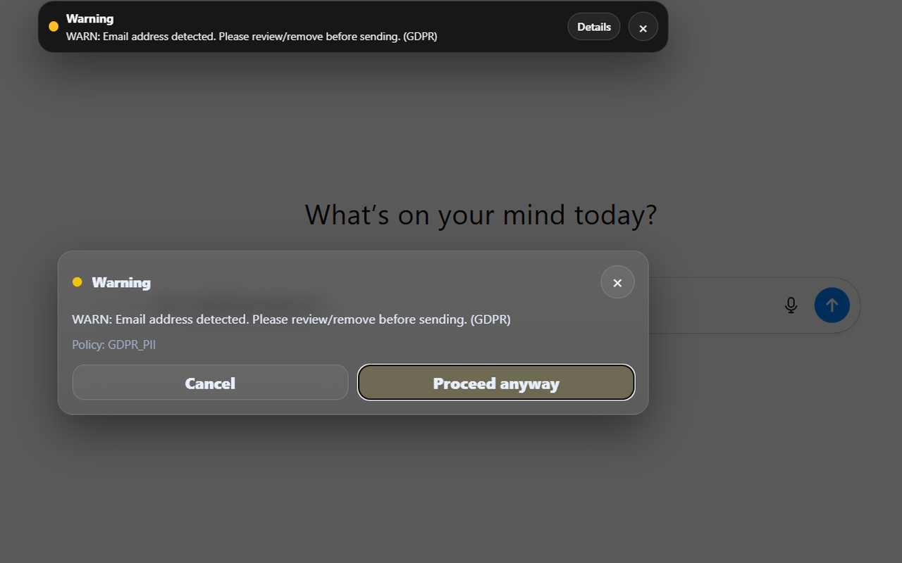 AI prompt data protection warning overlay: Trust-Prompt WARN requires explicit confirmation before sending