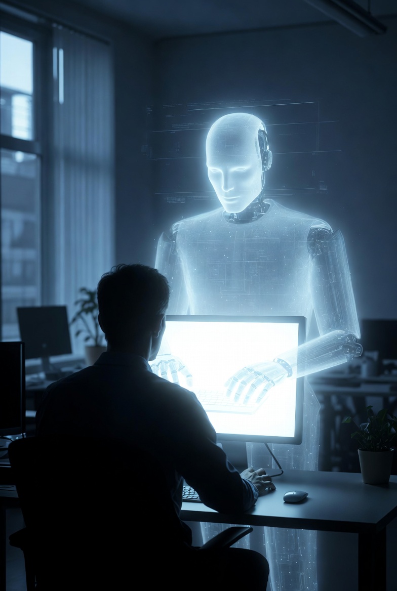 transparent ai behind the laptop on the desk.