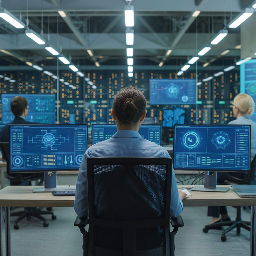 Office workers behind desks and monitors