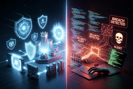 A futuristic cyber security system versus a hacked system visualised.