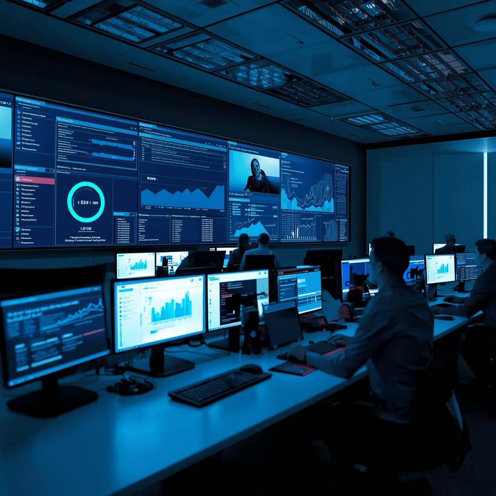 Cybersecurity professionals monitoring threat detection systems and implementing secure authentication measures in a modern office.