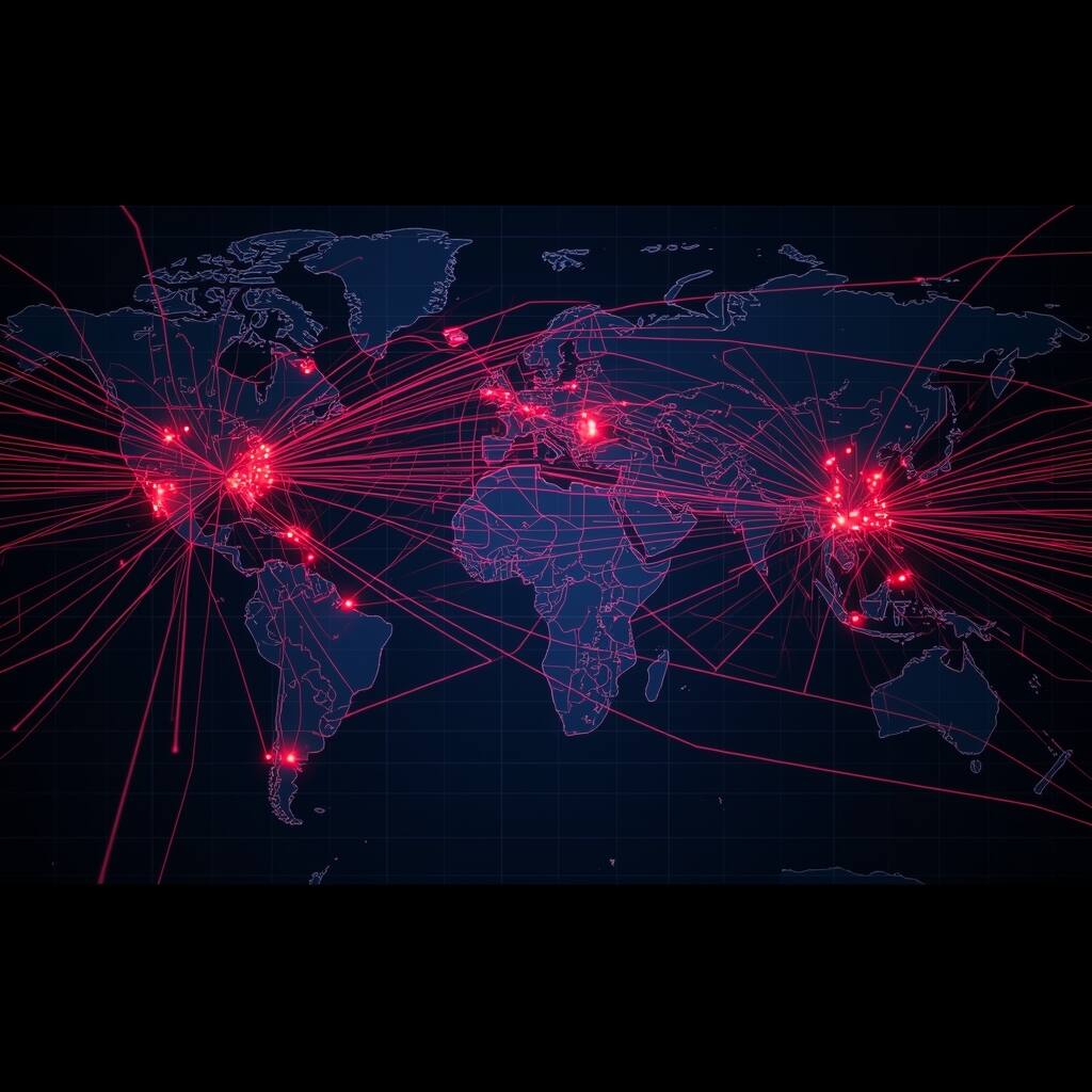 Global map visualizing increasing ransomware attacks and cyber threats spreading across multiple countries.