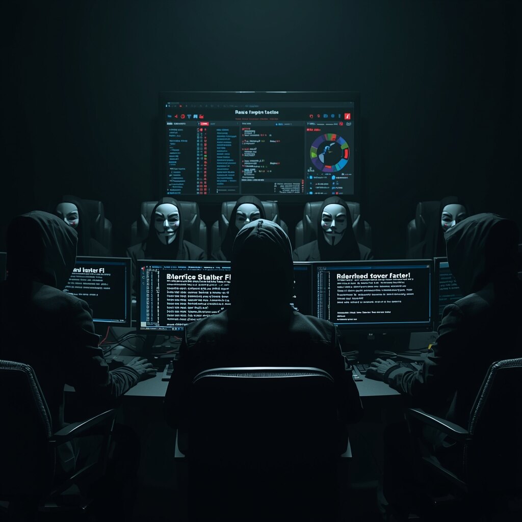 Illustration of a ransomware hacker group conducting a dual-extortion cyberattack with encrypted data and stolen information on screens