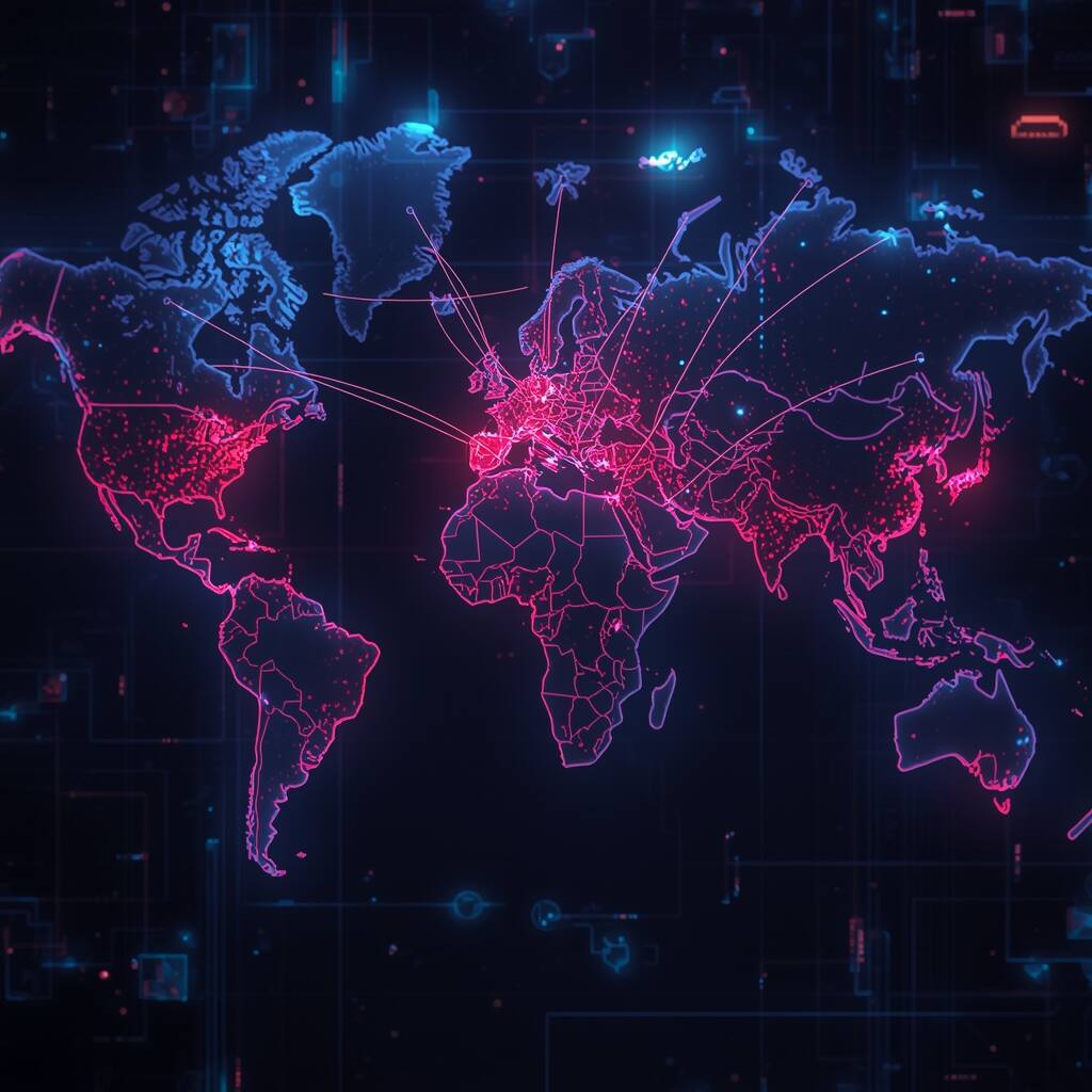 global cyber warfare map with glowing data connections visualised