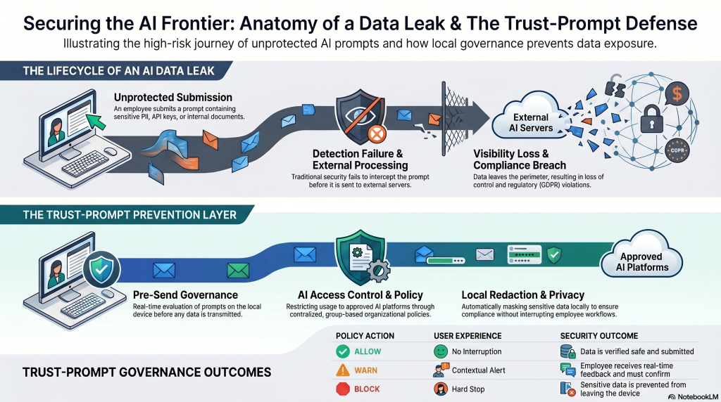 Flowchart infographic showing how AI data leaks occur and how organizations can prevent them.