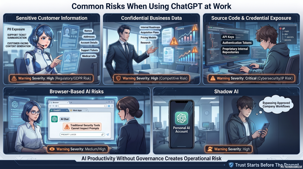 Cybersecurity infographic showing five major risks of using ChatGPT at work, including customer data exposure, confidential business leaks, source code sharing, browser AI risks, and shadow AI usage.