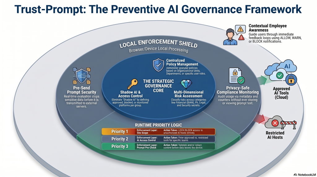 Enterprise AI governance framework infographic showing security controls for managing Shadow AI risks.