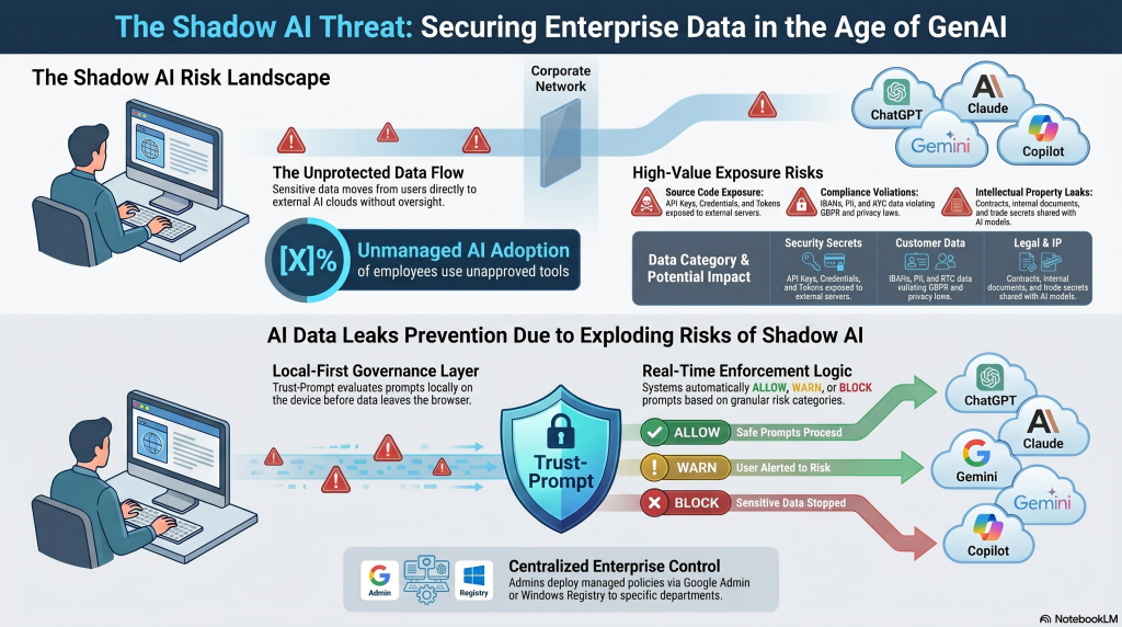 Infographic illustrating how Shadow AI creates enterprise security risks through unauthorized AI usage and data leakage.