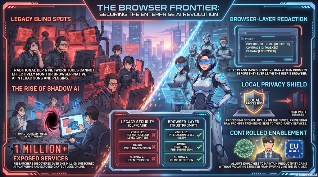 Infograph of the browser frontier, legacy blind spots, the rise of shadow ai, 1 million exposed services vs Browser layer reduction necessary, Local privacy shield, controlled enablement through the eu ai act.