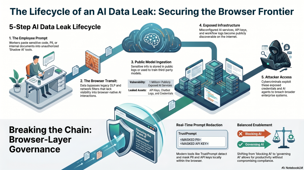 Infograph of the lifecycle of an ai data leak: Securing the browser frontier.