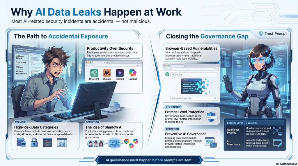 Infographic showing the main causes of AI data leaks at work, including employee copy-paste behavior, shadow AI usage, browser-based AI tools, sensitive data exposure, and governance gaps in traditional cybersecurity systems.