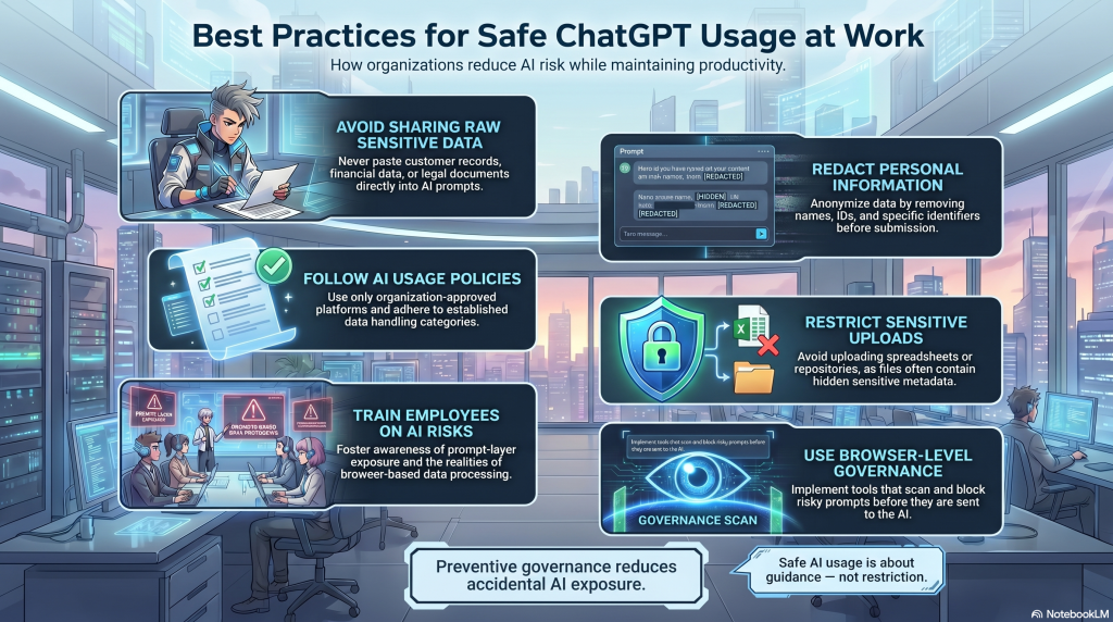 Step-by-step infographic explaining safe ChatGPT usage at work, including redaction, AI policies, employee training, upload restrictions, and browser-level AI governance controls.
