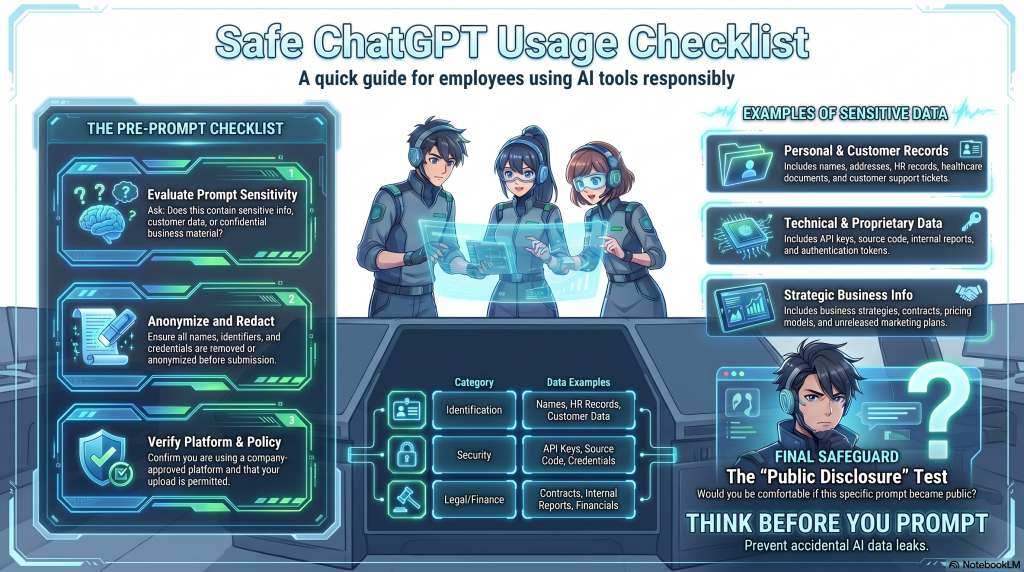 Printable enterprise checklist infographic helping employees use ChatGPT safely at work by checking prompts for sensitive information, confidential data, and policy compliance before submission.