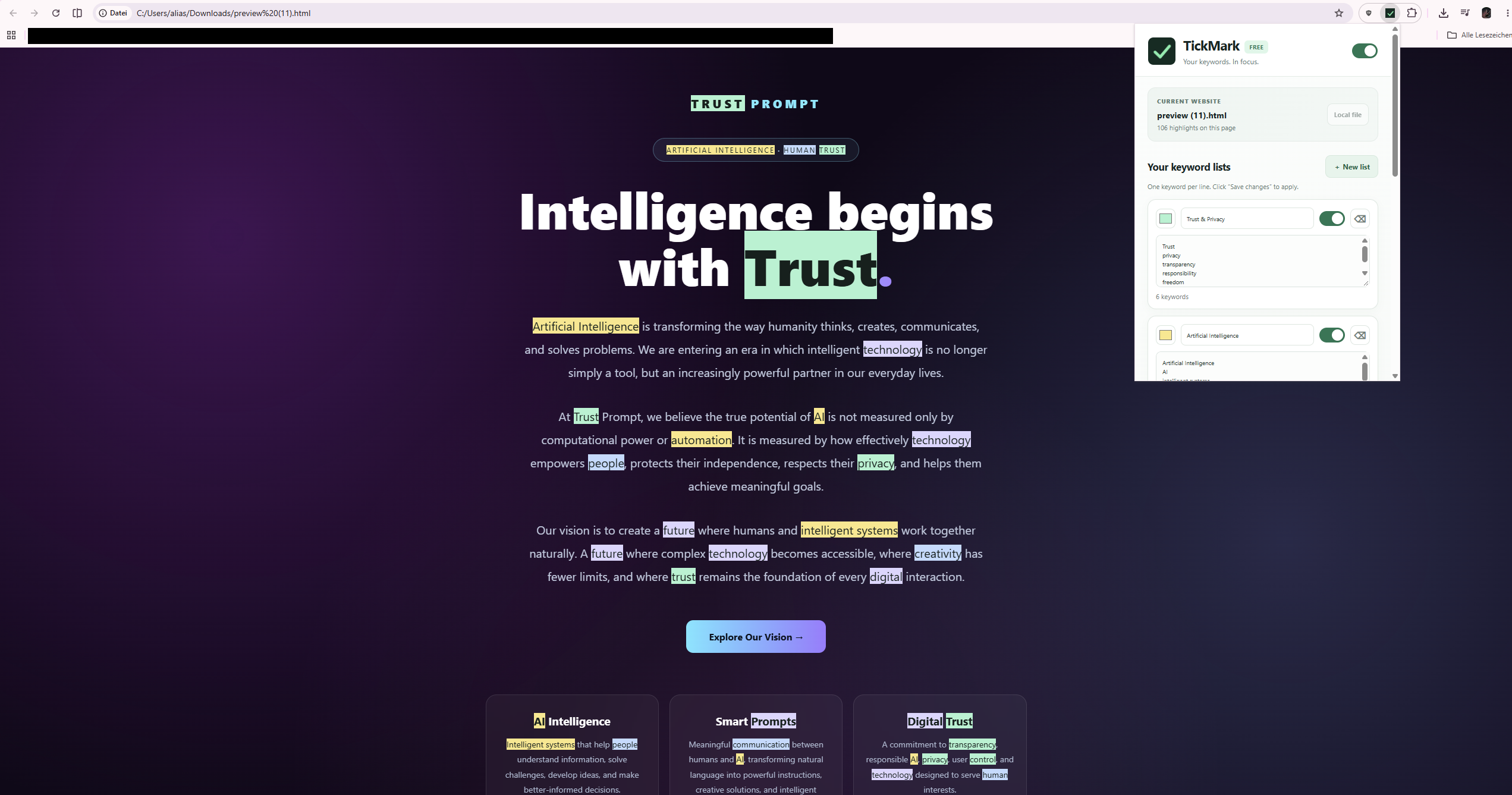 Demonstration of TickMark highlighting selected keywords inside a webpage